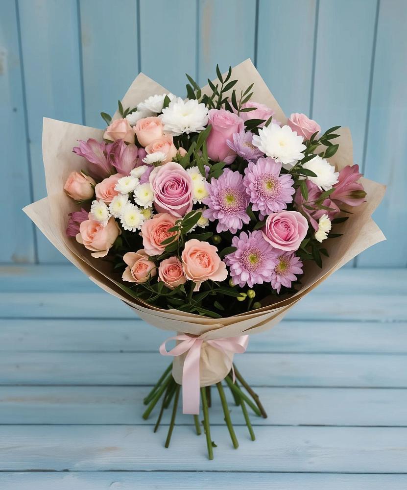 Букет цветов из: Хризантемы, Розы и Альстромерии в Иня