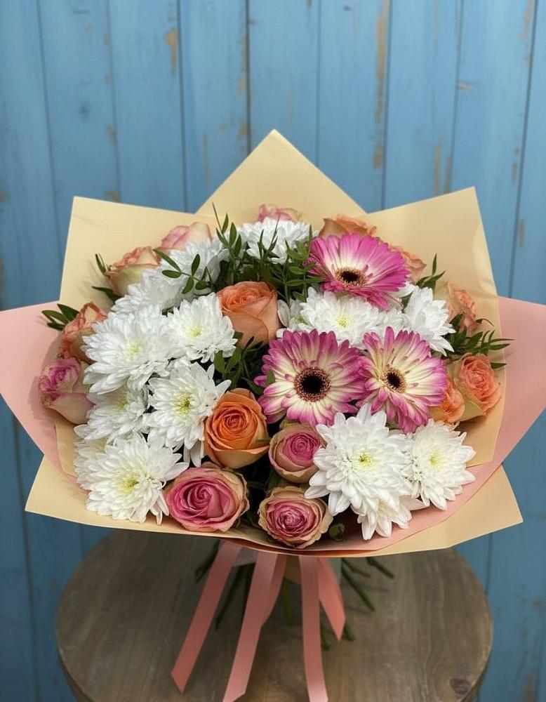 Букет цветов из: Розы, Герберы и Хризантемы в Иня
