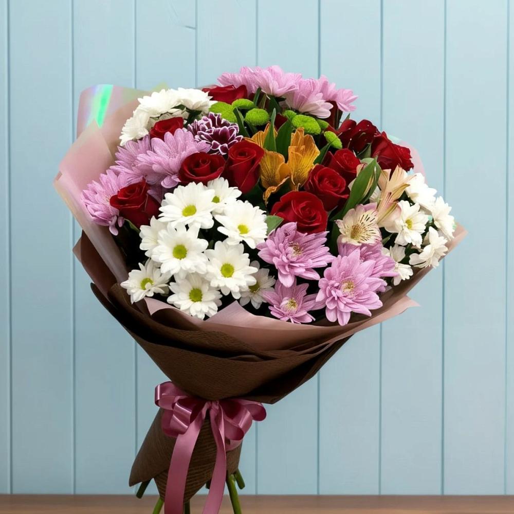 Букет цветов из: Розы, Хризантемы и Альстромерии в Иня