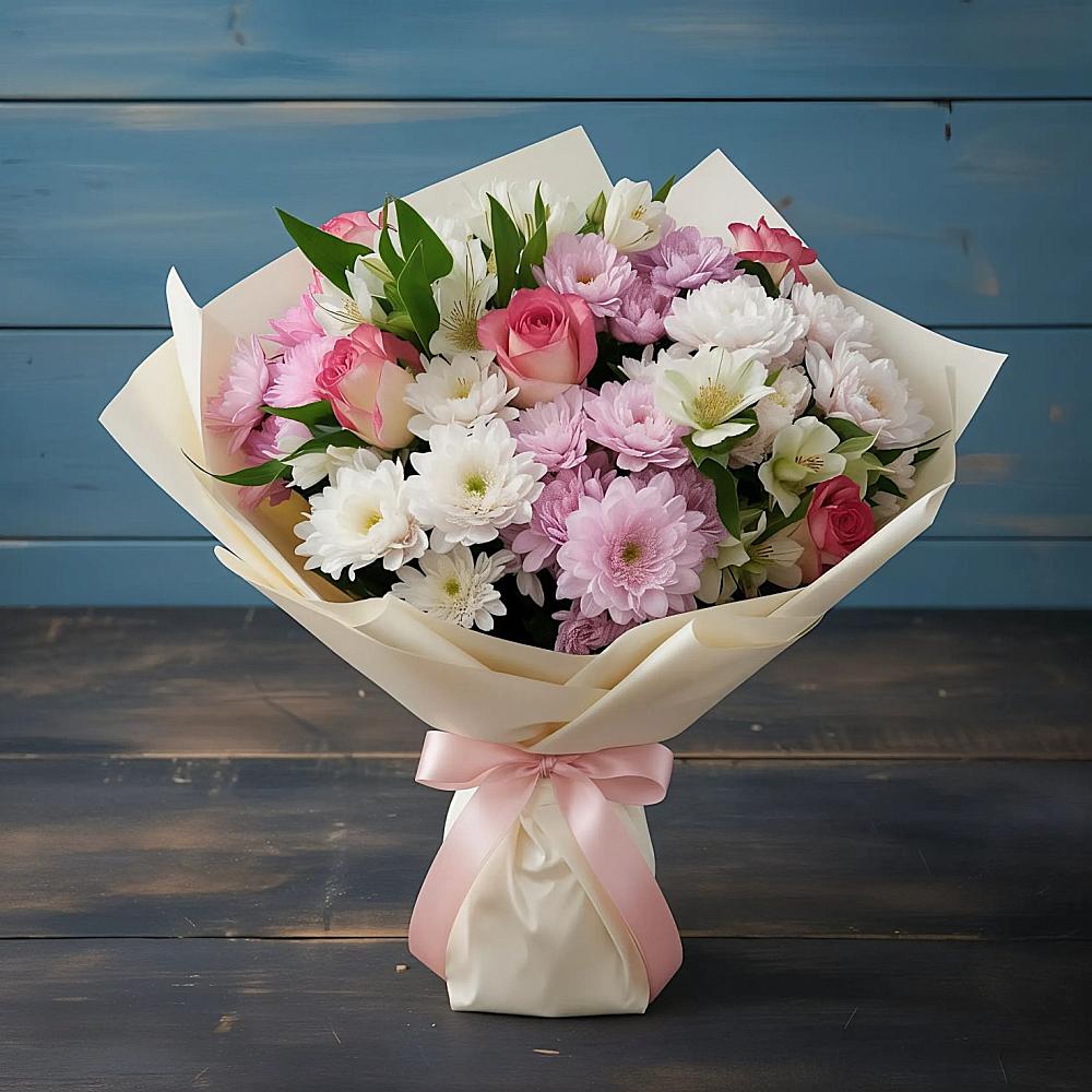 Букет цветов из: Хризантемы, Альстромерии и Розы в Иня